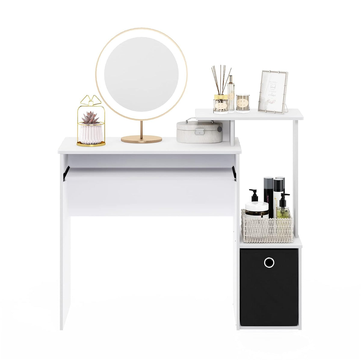 Furinno Econ Escritorio de Computadora Multifuncional para Oficina en Casa con Contenedor, Blanco con Negro