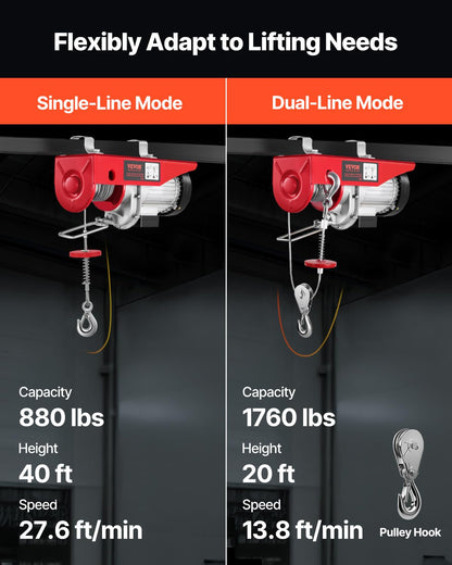 VEVOR - Polipasto eléctrico, cabrestante eléctrico de 120 V de 100 kg con control remoto inalámbrico de 300 pies, altura de elevación de un solo cable de 40 pies, eslingas individual/dobles, parada de