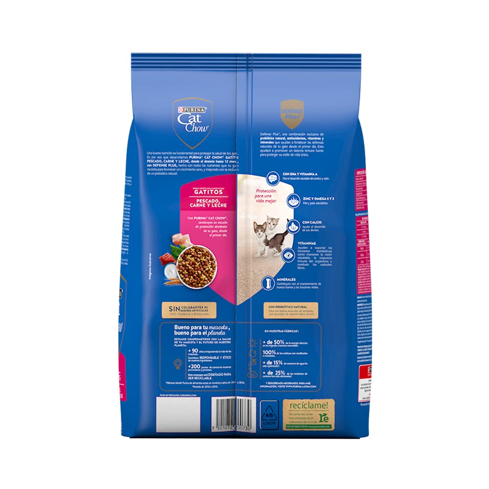 Purina Cat Chow Gatitos 1 a 12 Meses 1.5 Kg, 1 Count + Cat Chow Defense Plus Alimento seco para Gatitos Sabor Pescado, Carne y Leche, Bulto de 500g