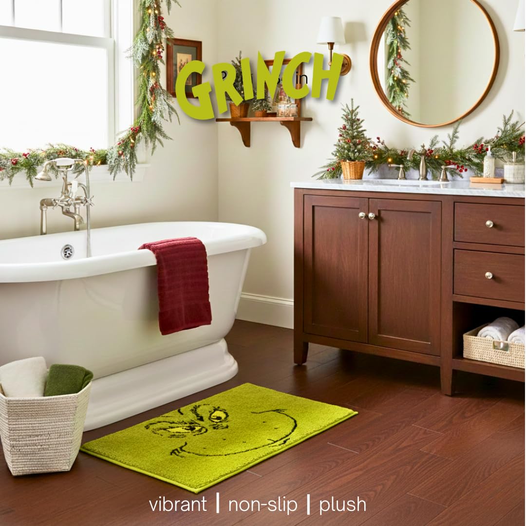 Franco Collectibles Grinch by Dr. Seuss - Alfombra de baño de poliéster Antideslizante para día Festivo y Navidad, 21 x 34 Pulgadas, (Producto con Licencia Oficial)