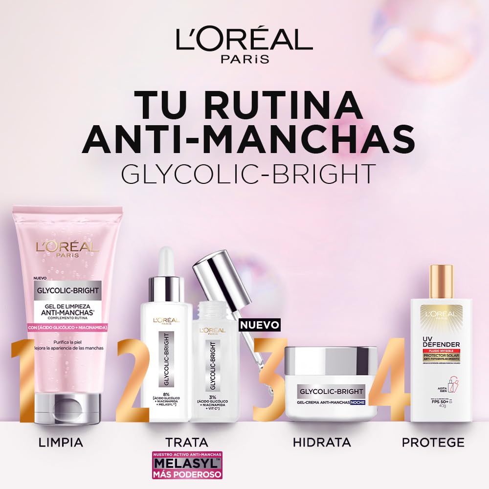 L'Oréal Paris crema noche antimanchas Glycolic Bright, 50ml - Gel crema facial con Acido Glicólico y Niacinamida que reduce todo tipo de manchas, Textura ligera y de rápida absorción.