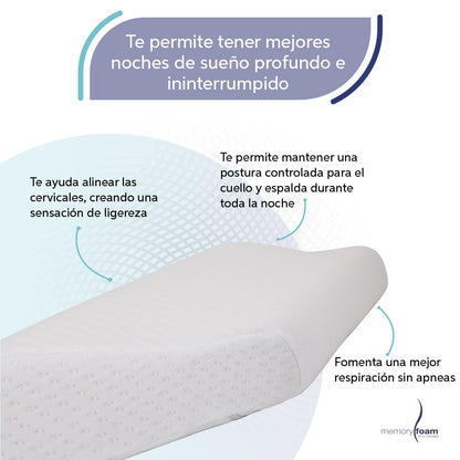 MEMORY FOAM: Almohada en forma Curva Ortopédica, Mantiene la Postura Correcta de Cabeza y Cuello, es de espuma viscoelástica con funda removible de velour para facilitar su lavado. Hipoalergénica.