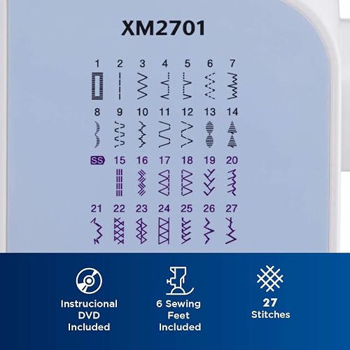 Brother Máquina de coser, XM2701, máquina ligera con 27 puntadas, 6 pies de costura incluidos