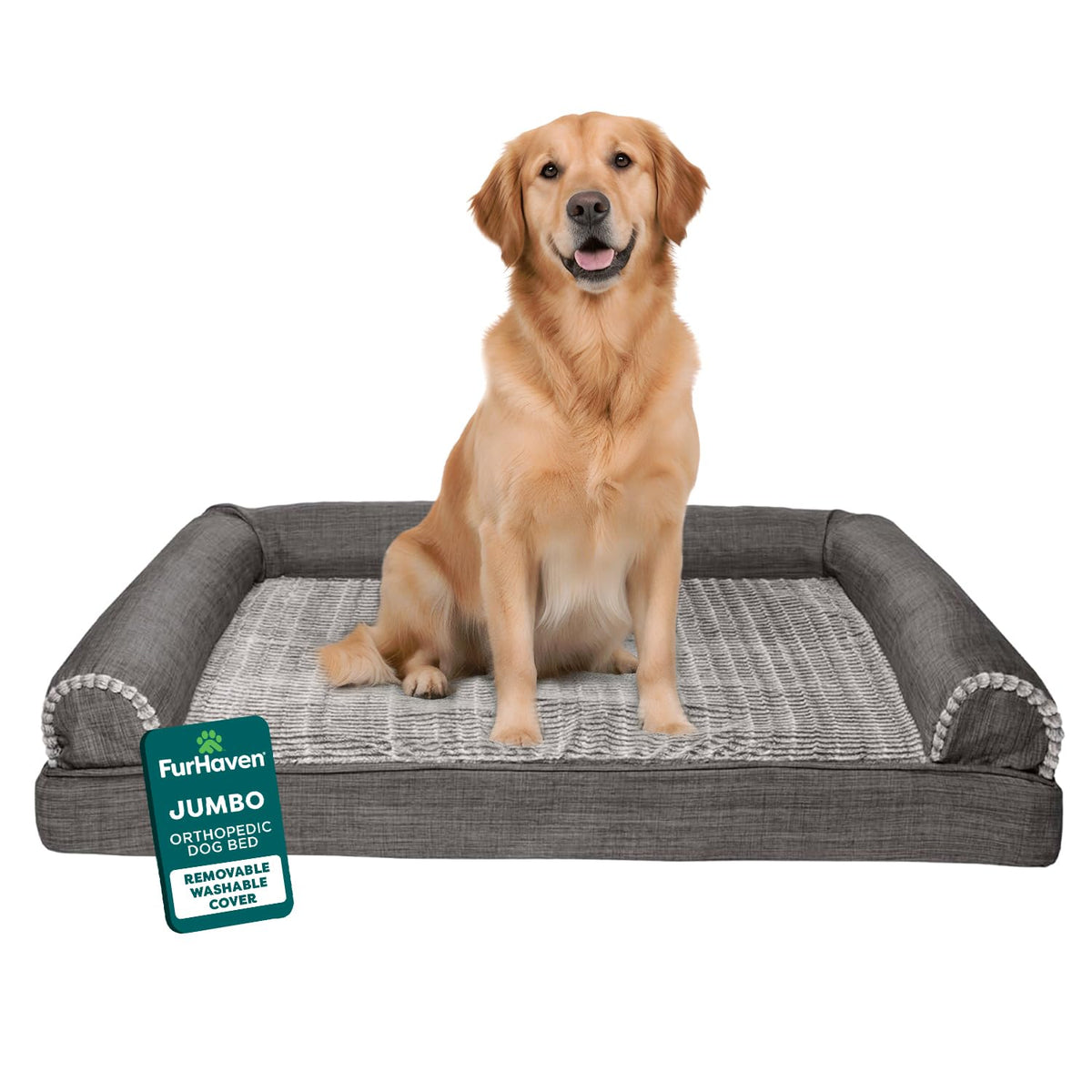 Furhaven Perfect Comfort Cama Sofá para Perro y Gato - Sofá cama - Piel sintética y lino carbón - Jumbo - Espuma ortopédica
