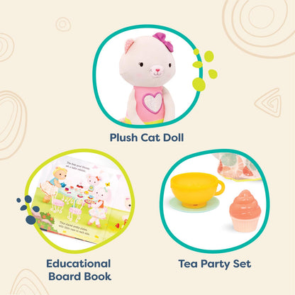 B. toys Tippy Toes Cali Cat, Gata de Peluche con Libro y Juego de té | Set de 8 con Cali Cat, libro de cartón, 2 tazas, 2 platos y 2 pastelitos para juego simbólico y lectura, 2 años y +
