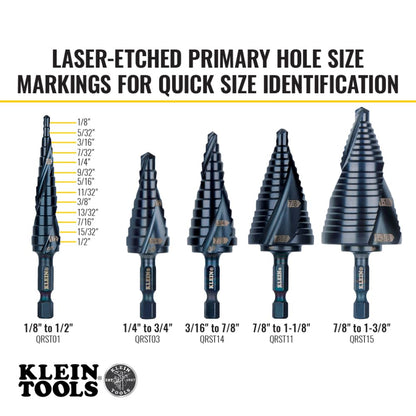 Klein Tools QRST01 Broca escalonada, espiral de liberación rápida, doble fluida, 1/8 a 1/2 pulgadas, vástago hexagonal, acero cortado, madera, plástico, aluminio