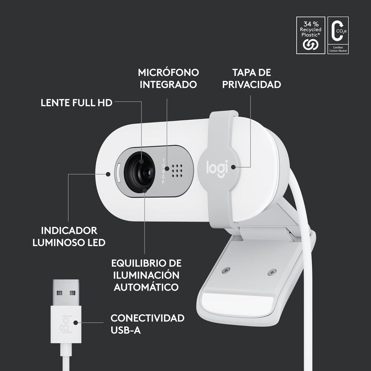 Logitech Brio 100, Webcam 1080p FullHD para Reuniones, Webcam para Streaming, Equilibrio de Iluminación Automático, Micrófono Integrado, Tapa de Privacidad, USB-A, Color Blanco