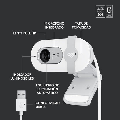 Logitech Brio 100, Webcam 1080p FullHD para Reuniones, Webcam para Streaming, Equilibrio de Iluminación Automático, Micrófono Integrado, Tapa de Privacidad, USB-A, Color Blanco
