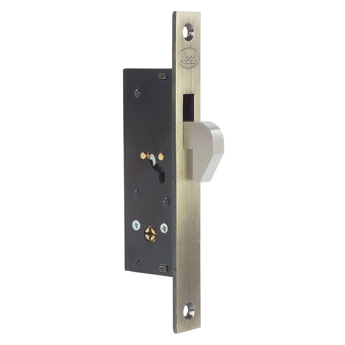 Lock L2102 Cerrojo para Embutir Puertas Corredizas - Tradicional con acabado antiguo en latón y parte mecánica de acero inoxidable - gris