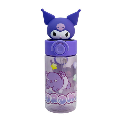 Funkids - Botella de plastico para agua con figura 3D para niña de Kuromi de 500ML, botella escolar con popote.