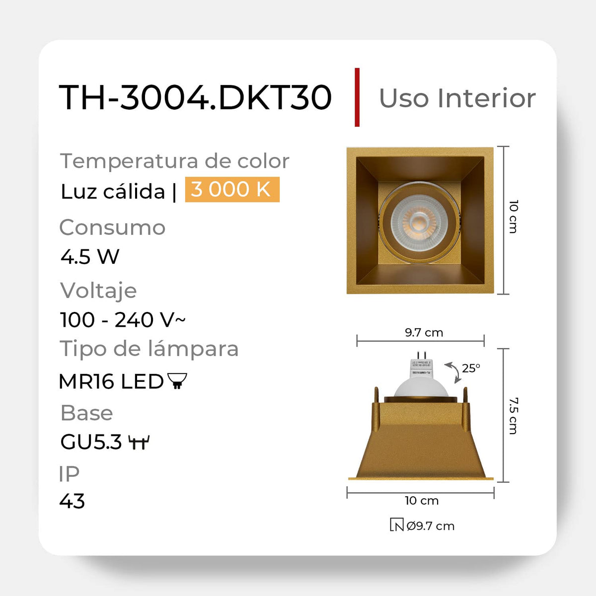 ILLUX Lámpara de empotrar en plafón, Uso en interior, Lampara moderna y Elegante, Incluye foco MR16 de luz cálida 4.5 W, Color Dorado, lampara para recamara, sala, cocina TH-3004.DKT30