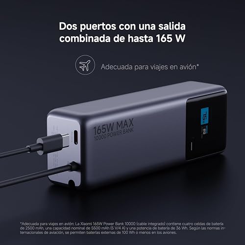 XIAOMI PowerBank 10000mAh 165W, Carga rápida, Gris | USB-C Integrado + USB-C, Cargador Portátil, Pantalla Inteligente TFT, 9Capas de Seguridad, Control de temperatura inteligente