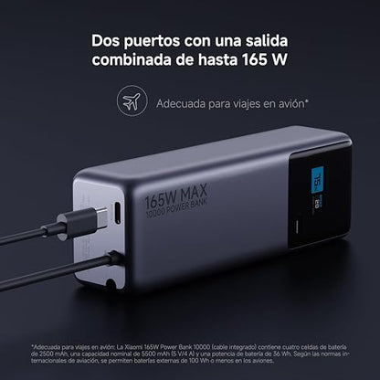 XIAOMI PowerBank 10000mAh 165W, Carga rápida, Gris | USB-C Integrado + USB-C, Cargador Portátil, Pantalla Inteligente TFT, 9Capas de Seguridad, Control de temperatura inteligente