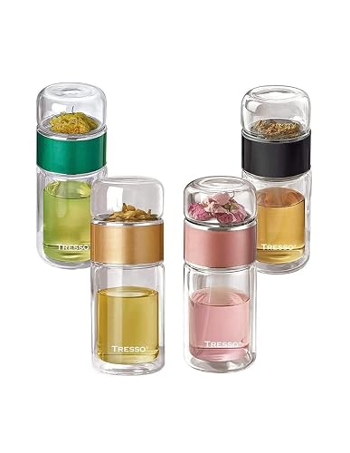 TRESSO Botella de Vidrio Doble Pared con Infusor para Tisana 250 ml, Color Dorada