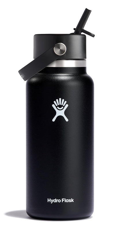 Hydro Flask Botella con Tapa de Popote Flexible, Acero Inoxidable - 32 onzas - negro