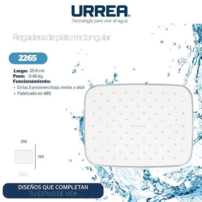 URREA 2265 Regadera de plato rectangular en acabado cromo y blanco sin brazo ni chapetón, ABS, certificada NOM-008-CONAGUA-1998, garantía de 100 años contra defectos de fabricación y 10 en acabado