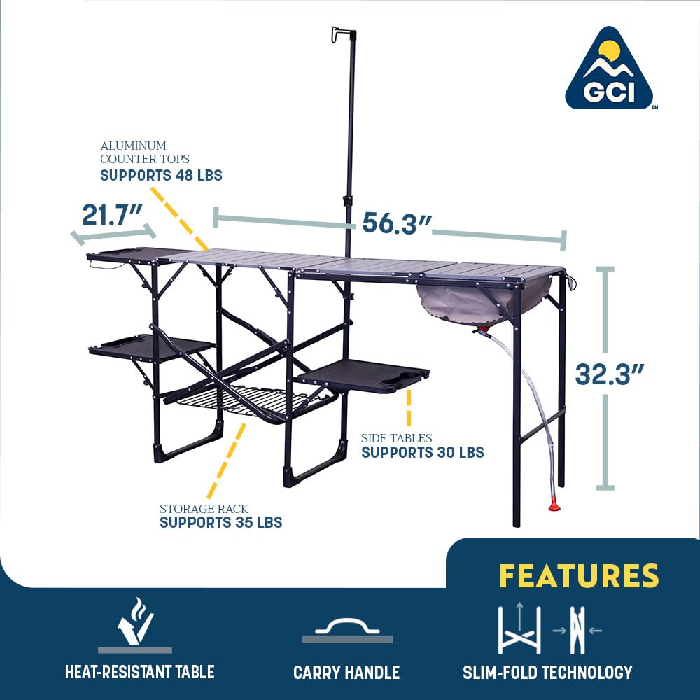 GCI Outdoor Master Cook Station | Mesa de cocina plegable portátil con fregadero de carcasa suave, mesa resistente al calor y poste telescópico, perfecta para viajes de campamento