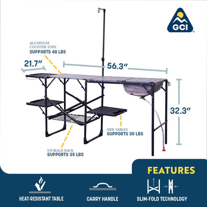 GCI Outdoor Master Cook Station | Mesa de cocina plegable portátil con fregadero de carcasa suave, mesa resistente al calor y poste telescópico, perfecta para viajes de campamento