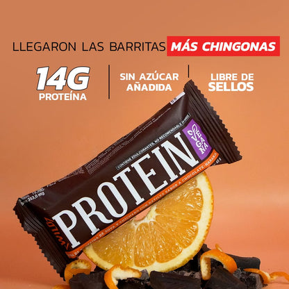 Wild Protein | Barras altas en proteína | Vegana | Sabor chocolate y naranja | Pack de 16 unidades | 14 g de proteína | Sin azúcares ni grasa añadida | 45 g cada barra