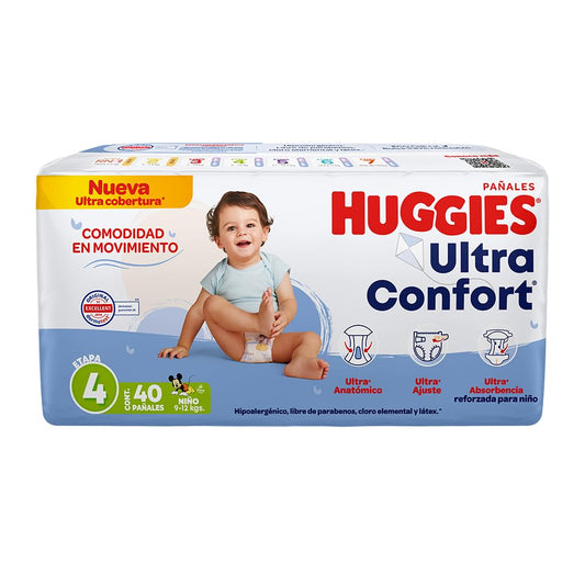 Huggies UltraConfort Pañal Desechable para Bebé, Etapa 4 Niño, Paquete con 40 Piezas, Ideal para niños de 9 a 12 kg