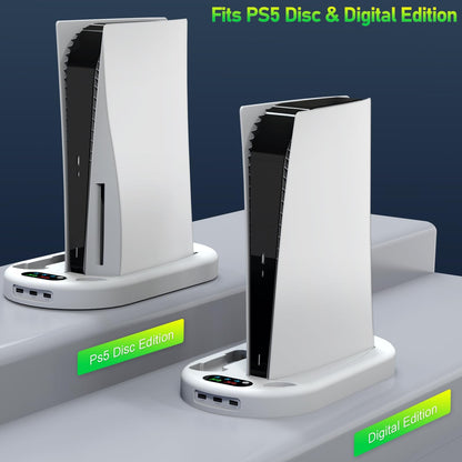 AMZDM for PS5 Stand Cooling Station with Dual PS5 Charging Station Playstation 5 Console Cooler Docking Station with Cooling Fan PS5 Controller Fast Charging PS 5 Disc & Digital Standard Version White
