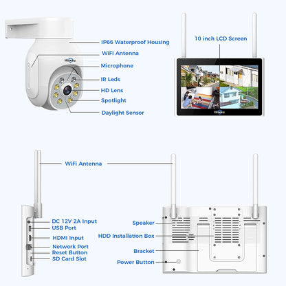 Omibum 4CH 3.0MP inalá mbrico WiFi PTZ 7 Pulgadas LCD Kit Seguridad Cámara de Vigilancia Interior, Audio Bidireccional, Control Remoto, Detección de Movimiento, Visión Nocturna