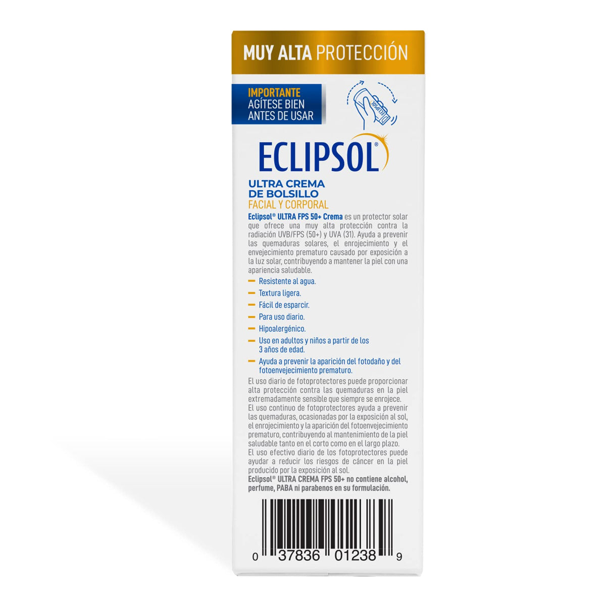 Eclipsol - Ultra Crema de Bolsillo, FPS 50+, Protector Solar Facial, 60 g | Hipoalergénico, textura ligera, resistente al agua, corporal, sin PABA ni parabenos, toda la familia desde 3 años