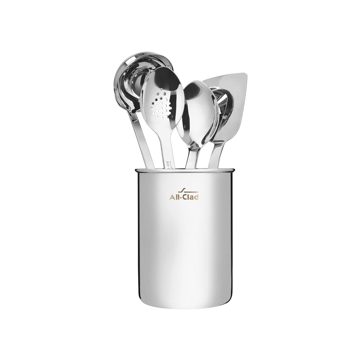 All-Clad Juego de utensilios de cocina de acero inoxidable de 5 piezas, incluye cucharón, cuchara sólida, cuchara ranurada, volteador y organizador de almacenamiento, calibre pesado, ergonómico, apto