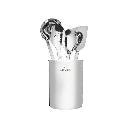 All-Clad Juego de utensilios de cocina de acero inoxidable de 5 piezas, incluye cucharón, cuchara sólida, cuchara ranurada, volteador y organizador de almacenamiento, calibre pesado, ergonómico, apto