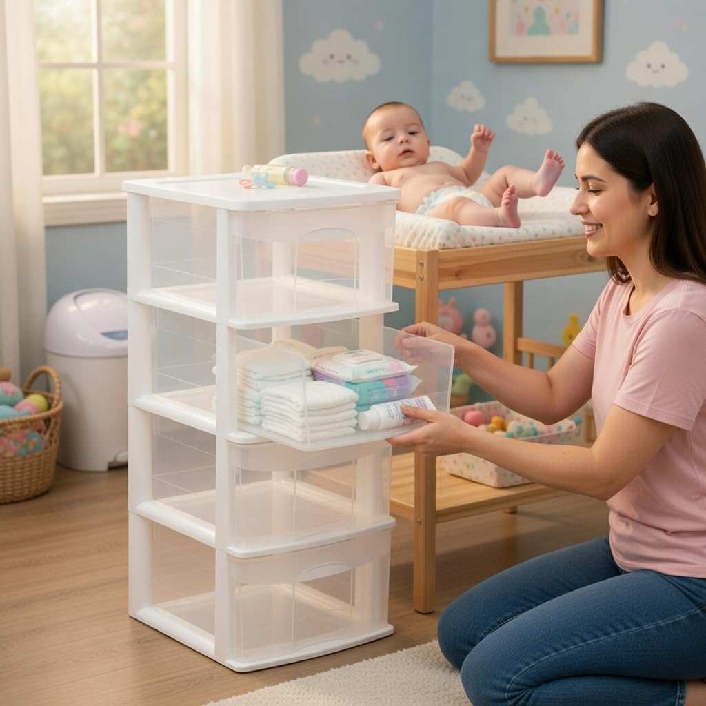 Italhome Cajonera FOX 4 de Plástico 4 Cajones Transparentes, Organizador Multiusos para Hogar y Oficina, Mueble Ligero Resistente, Desarmable Fácil Limpieza, Color Blanco
