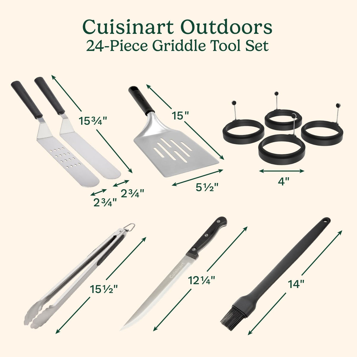 Cuisinart - Juego de Herramientas para Plancha de 24 Piezas con Bolsa de Almacenamiento, Accesorios de Plancha Plana de Acero Inoxidable con espátulas, cúpula derretidora, Prensa para Hamburguesas