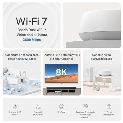 TP-Link Deco BE22(2-Pack) Router Mesh WiFi7 BE3600 Cobertura 420m² - Doble Banda 3.6 Gbps - 2 Puertos Gigabit - Roaming IA para Moverte Sin Perder Conexión - App Deco - Conecta 150 Dispositivos