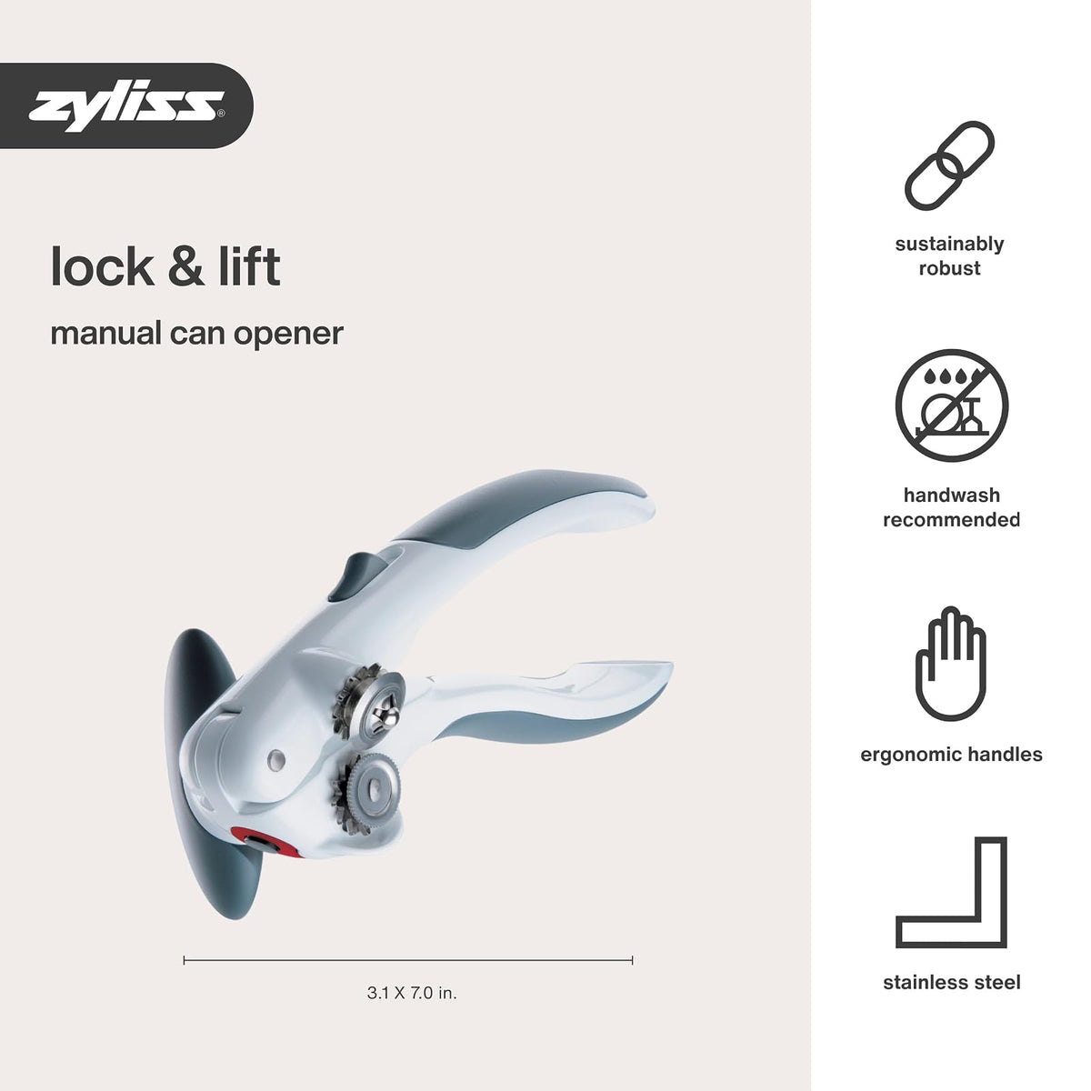 Zyliss Lock N' Lift Can Opener - Manual Can Opener with Locking Mechanism - Safe Magnetic Can Opener - Easy-to-Turn Can Opener - White/Gray