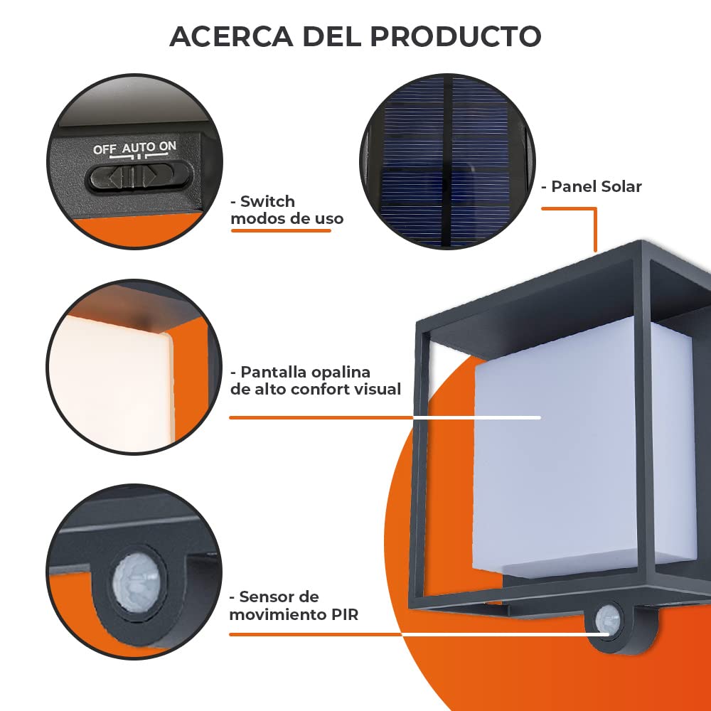 Tecnolite Lámpara Solar LED de Pared, 3 W, Luz Suave Cálida, Sensor de Movimiento, 3 Modos de Luz, IP54, LED integrado