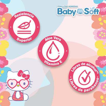 Toallitas Húmedas Baby Soft, Aroma Moras/Explosión Frutal, Hello Kitty and Friends, Caja con 1,440 piezas (18 Paquetes con 80 Toallitas c/u)