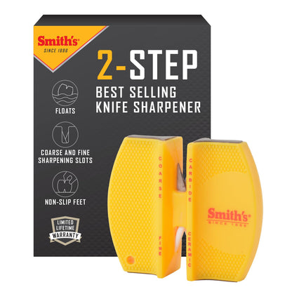 Smith's CCKS - Afilador de cuchillos de 2 pasos - Amarillo - Ranuras gruesas y finas preestablecidas de 2 pasos - Afilador de cuchillos de mano para exteriores, pesca, caza, filete, cuchillos de