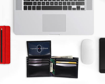 Tommy Hilfiger - portafolios de piel auténtica para hombre con ventana de identificación y múltiples ranuras para tarjetas