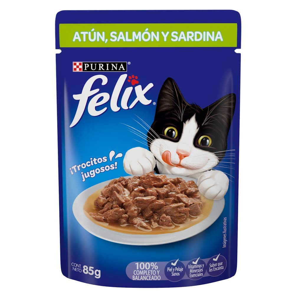 Felix Alimento Húmedo Sabor Atun Salmon y Sardina, Paquete con 24 Pzas de 85g