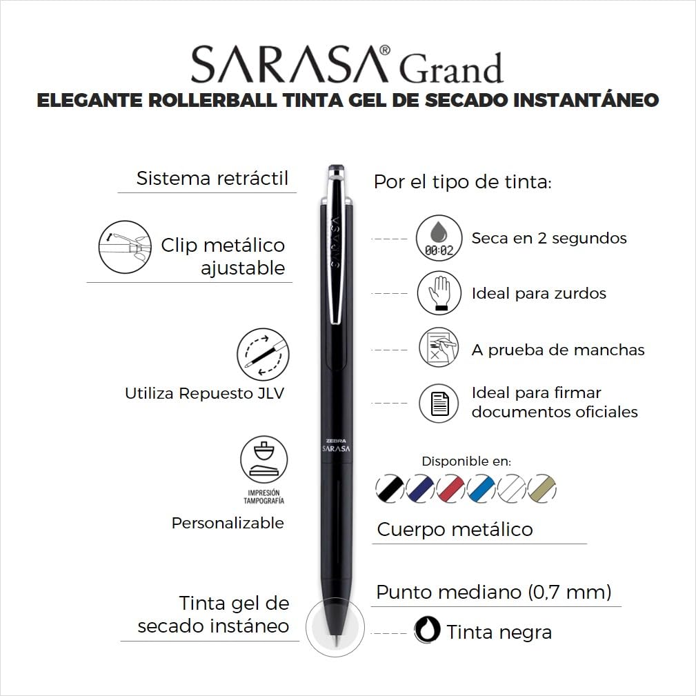 Zebra Bolígrafo Elegante Sarasa Grand de acero inoxidable con tinta gel de secado instantáneo + tarjetero (Blanco)