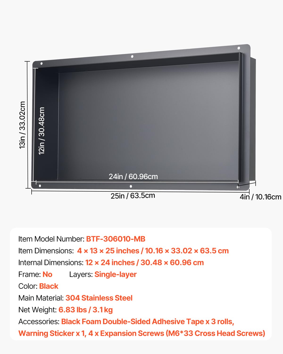 VEVOR Nicho de Ducha Empotrado 33x63,5x10,2 cm Estante Divisor de Pared de Acero Inoxidable Organizador de Jabón y Champú sin Marco Sellado Impermeable Duradero Fácil de Instalar para Baño, Negro