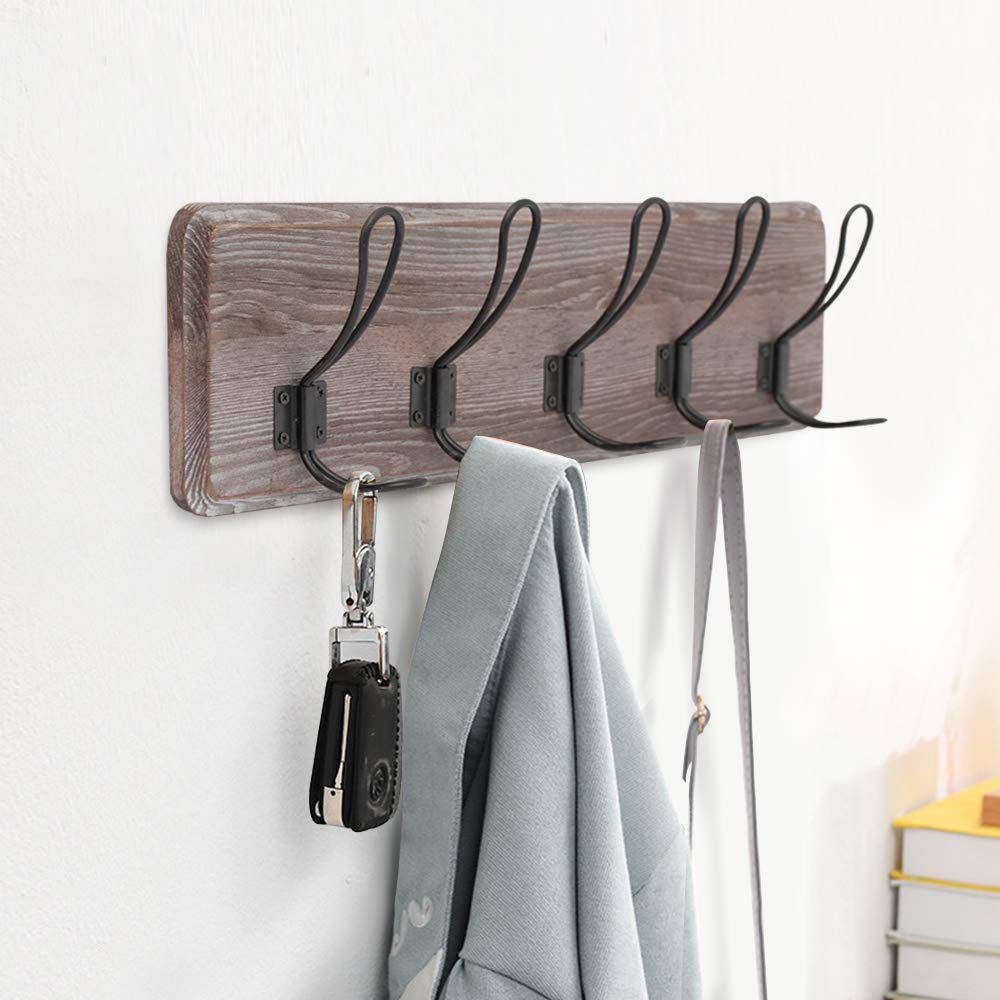 AZL1 Life Concept Ganchos de pared de madera café de 24 pulgadas, 5 ganchos rústicos, madera de pino maciza