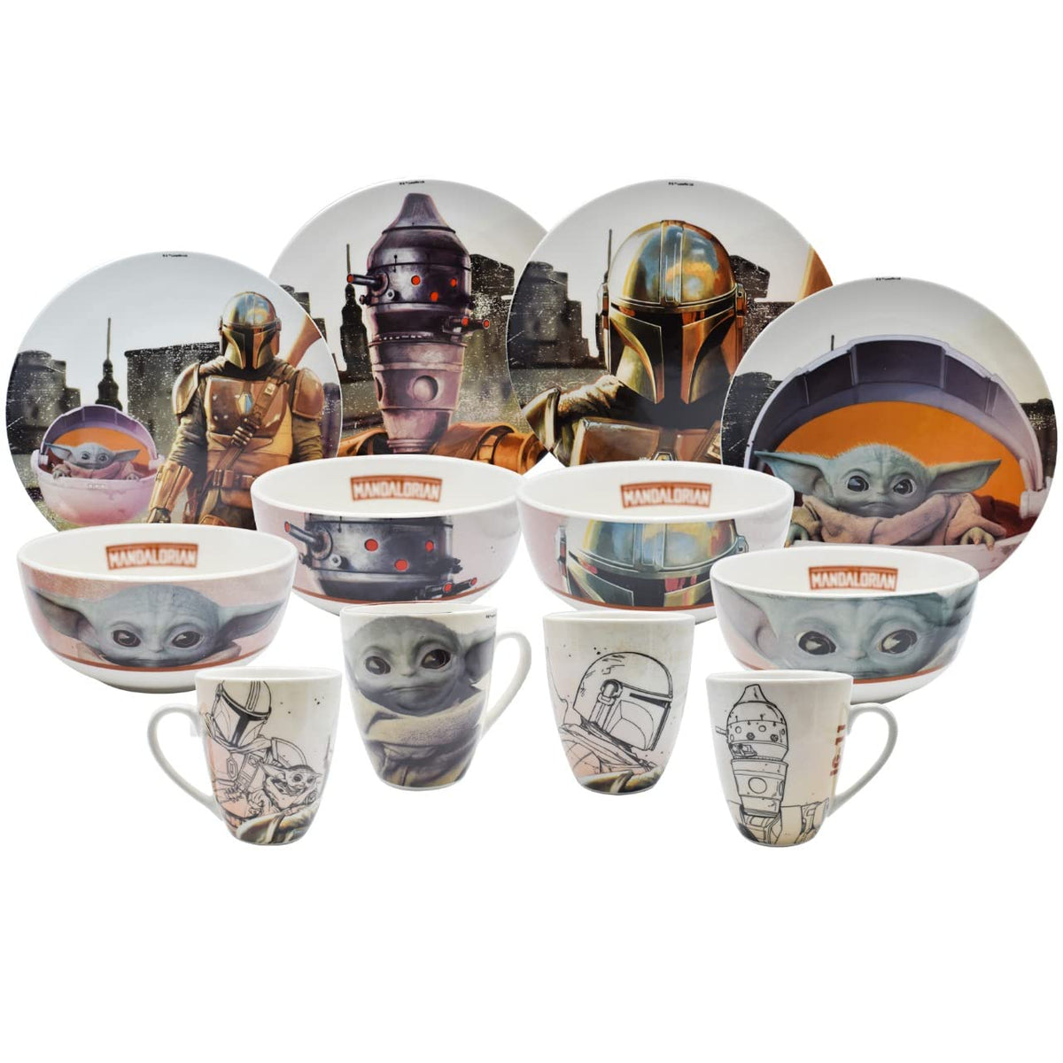 Fun Kids 2415-3503 Juego de Vajilla Disney Mandalorian Colección Star Wars de Porcelana para 4 Personas 12 Piezas, Multicolor