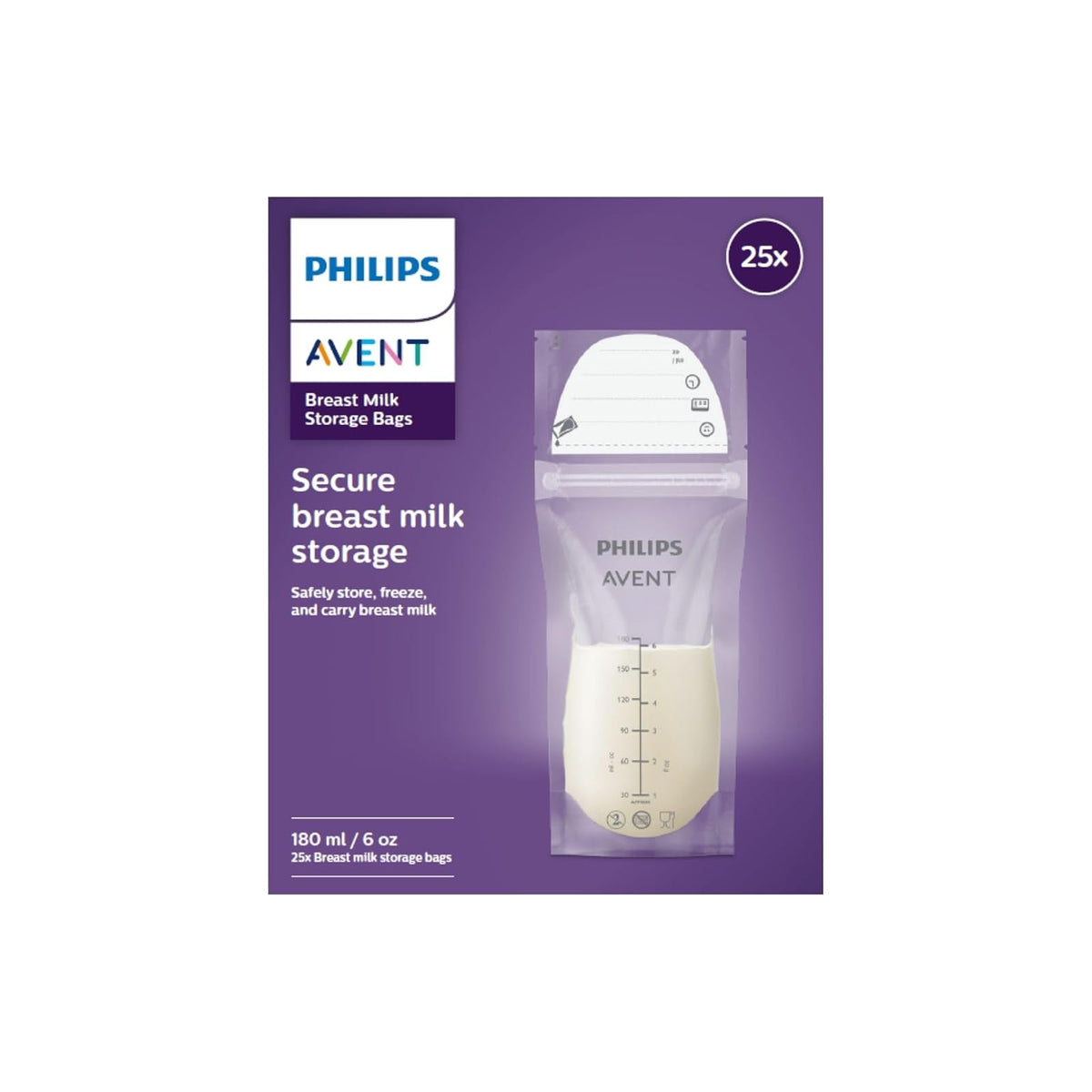 Philips Avent Bolsas Preesterilizadas para Leche Materna │Almacena, Congela y Conserva │180 ml•25 pzs│SCF603/25