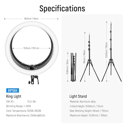 NEEWER Aro de Luz RP19H 19 inch con Trípode y 3 Soporte Móvil, 2.4G Actualizado y Control Táctil, Atenuación Suave al 1%, 42W CRI 97+ 2540lux, Profesional para Streaming Home Office Zoom Call Lighting