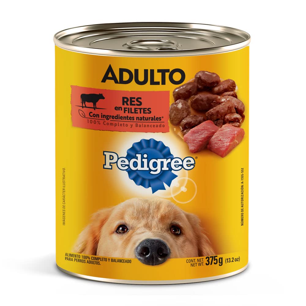 PEDIGREE Alimento para Perros Adultos, Sabor Res En Filetes 375 Gr, Paquete De 24 Latas