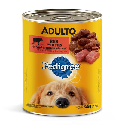 PEDIGREE Alimento para Perros Adultos, Sabor Res En Filetes 375 Gr, Paquete De 24 Latas