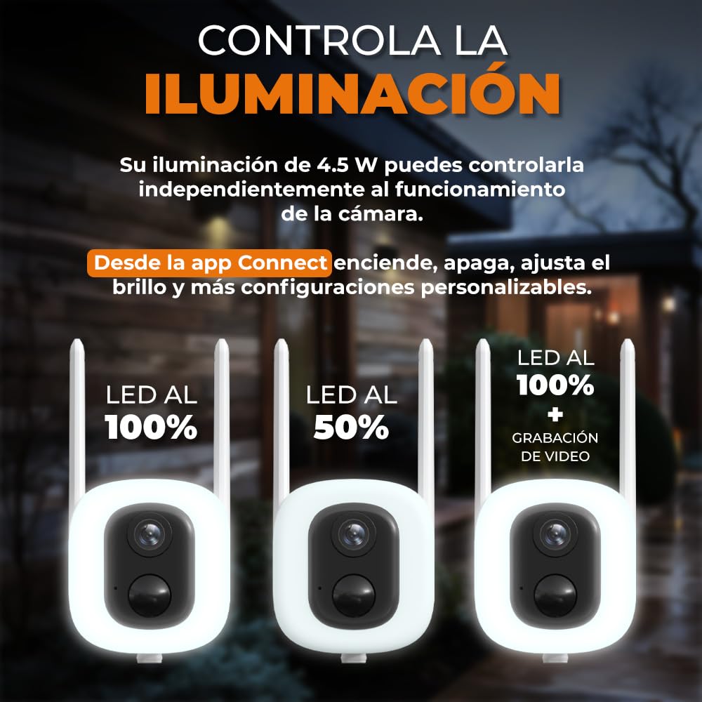 Tecnolite Connect - Cámara de Seguridad Exterior WiFi Recargable Inalámbrica con Lámpara LED 4.5 W, Visión Nocturna, Compatible con App móvil, Alexa, Google y Siri, Visión Nocturna, Monitoreo