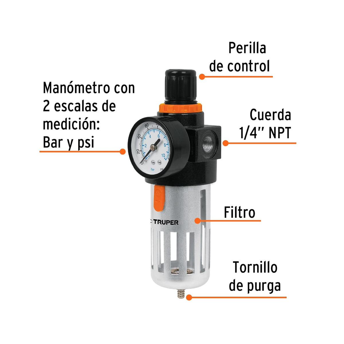 Truper FIRE-1/4, Filtro y regulador de aire, 1/4 NPT
