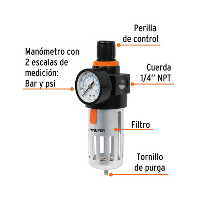 Truper FIRE-1/4, Filtro y regulador de aire, 1/4 NPT