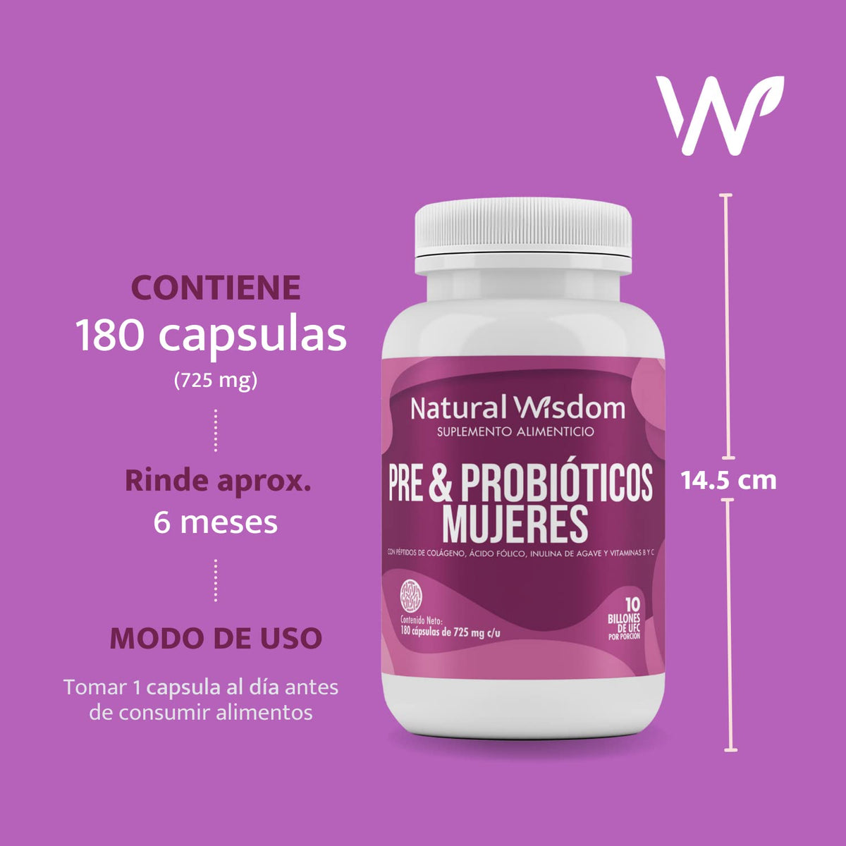 Pre & Probioticos Mujeres 10 Billones UFC + Prebioticos Hidratación Salud de la Piel Salud Digestiva | 180 Capsulas | Vitaminas Complejo B Colágeno | Suplemento Alimenticio | Natural Wisdom